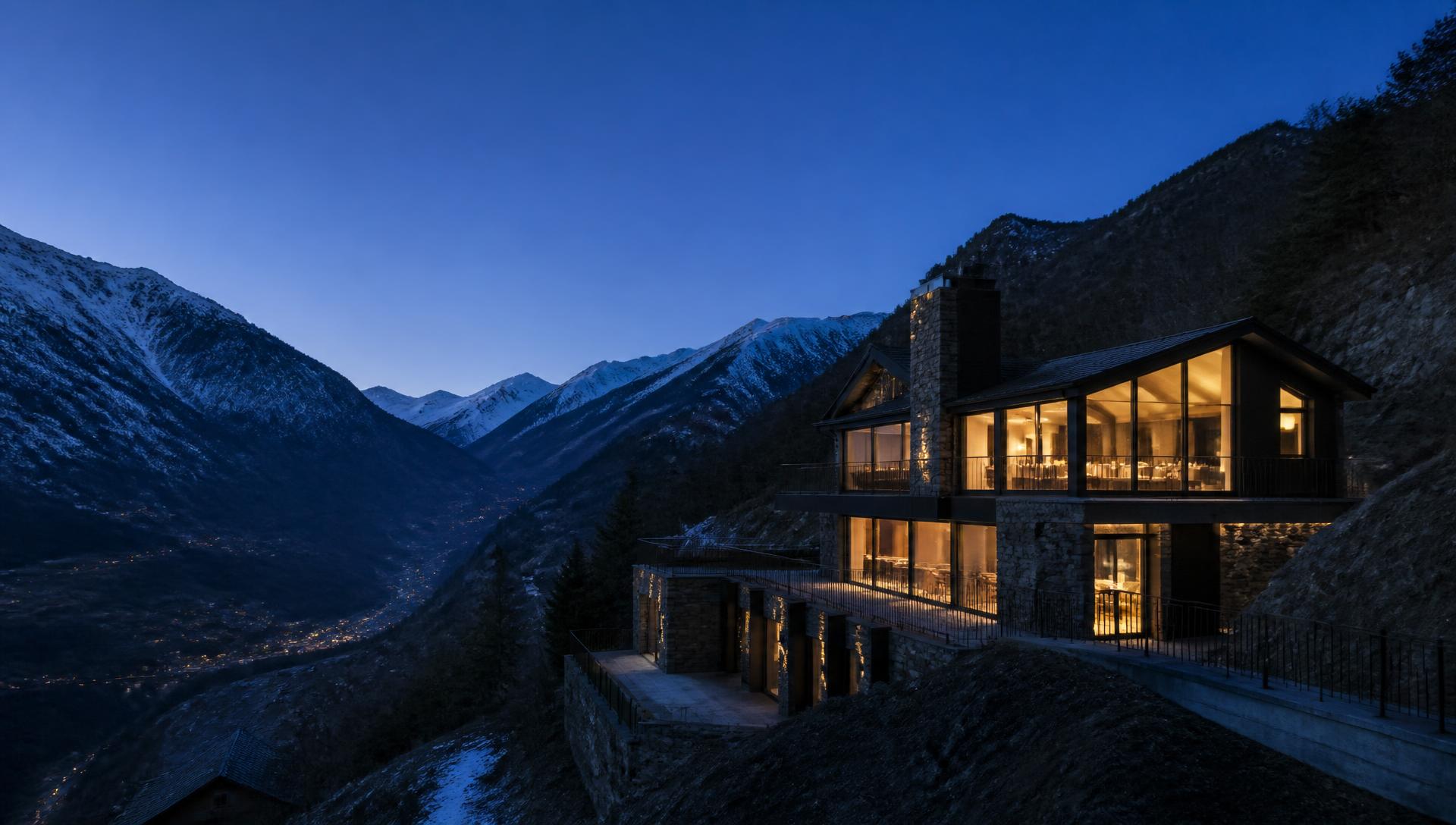 Vallées d'Andorre au crépuscule, lumière chaude sur la montagne