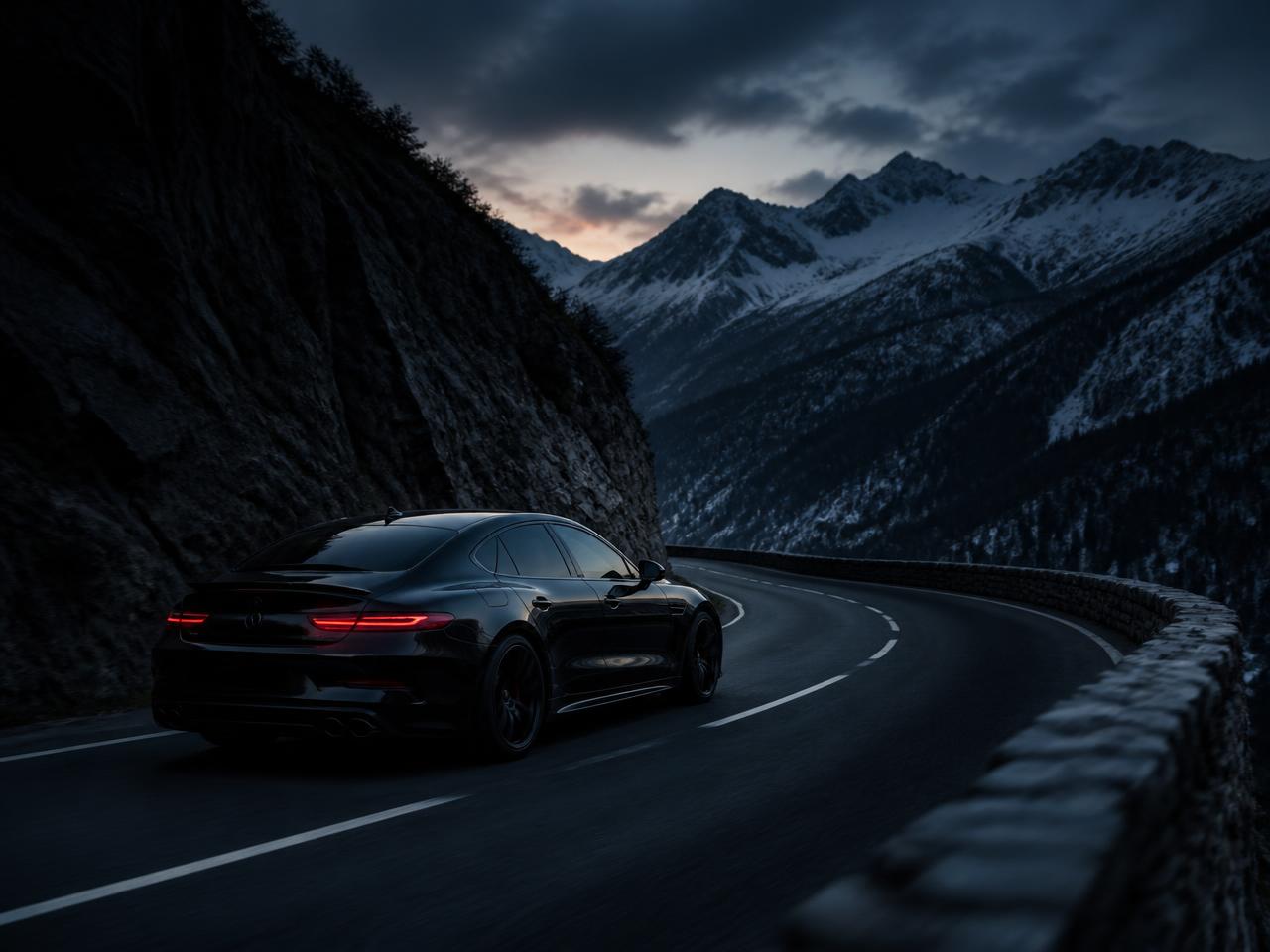 Voiture privée sur une route de montagne en Andorre au crépuscule