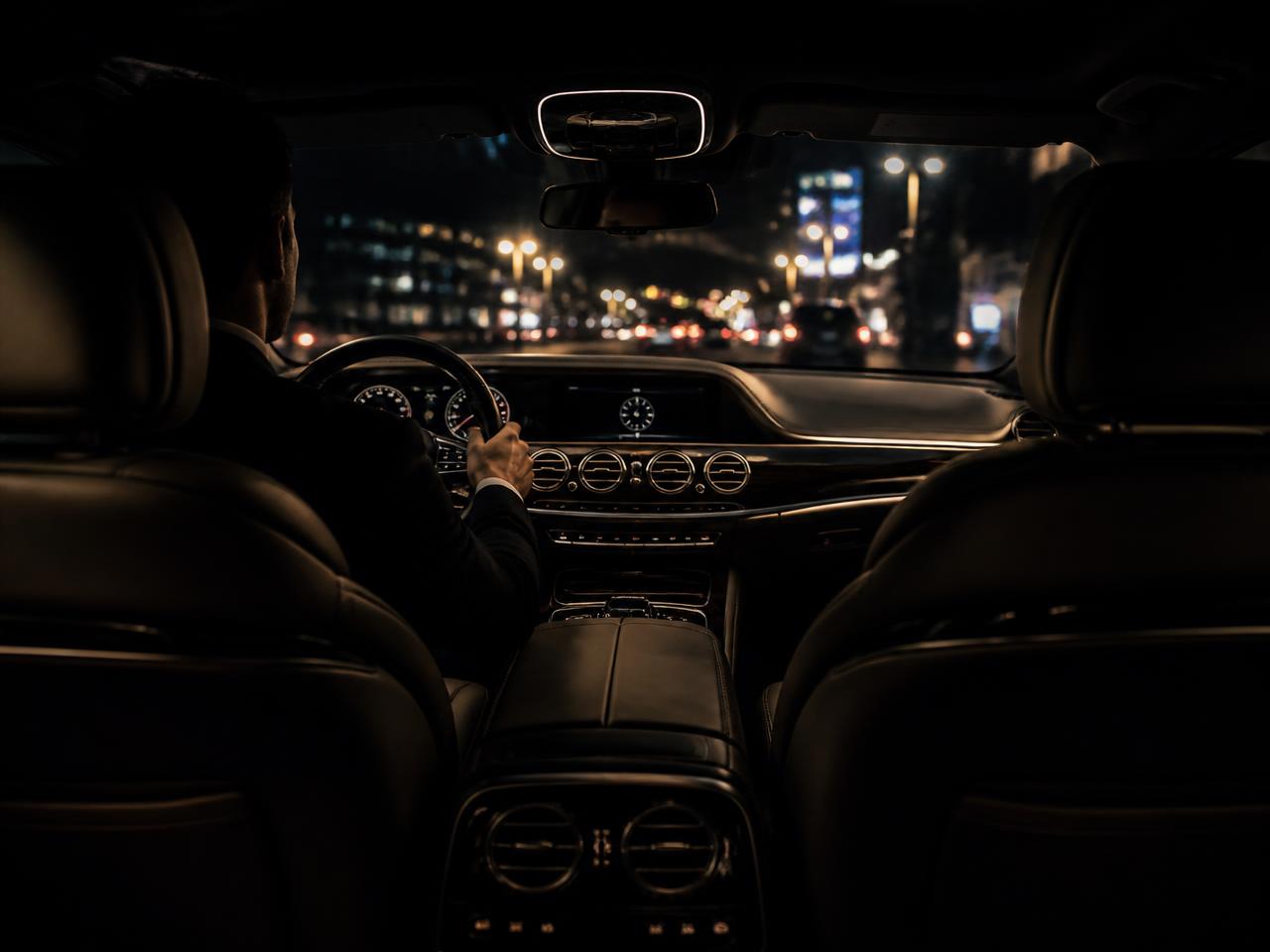 Intérieur d'une voiture avec chauffeur la nuit