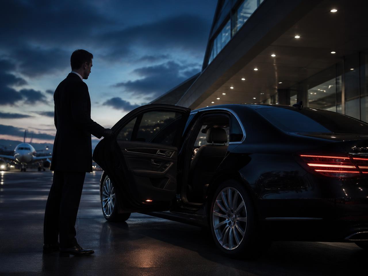 Chauffeur ouvrant la portière d'une voiture privée devant le terminal, au crépuscule