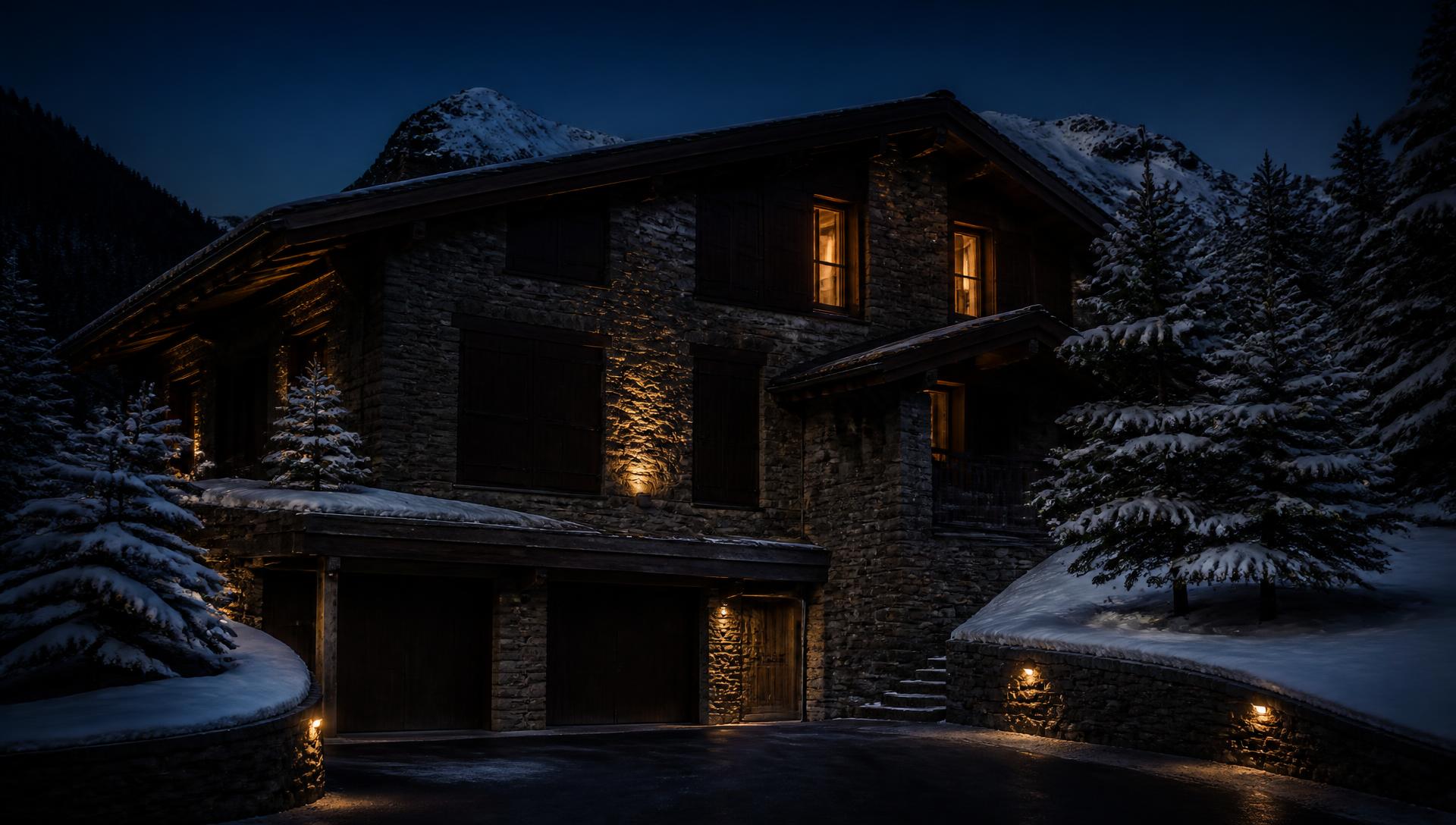 Residencia de montaña cerrada, con luz cálida en el interior