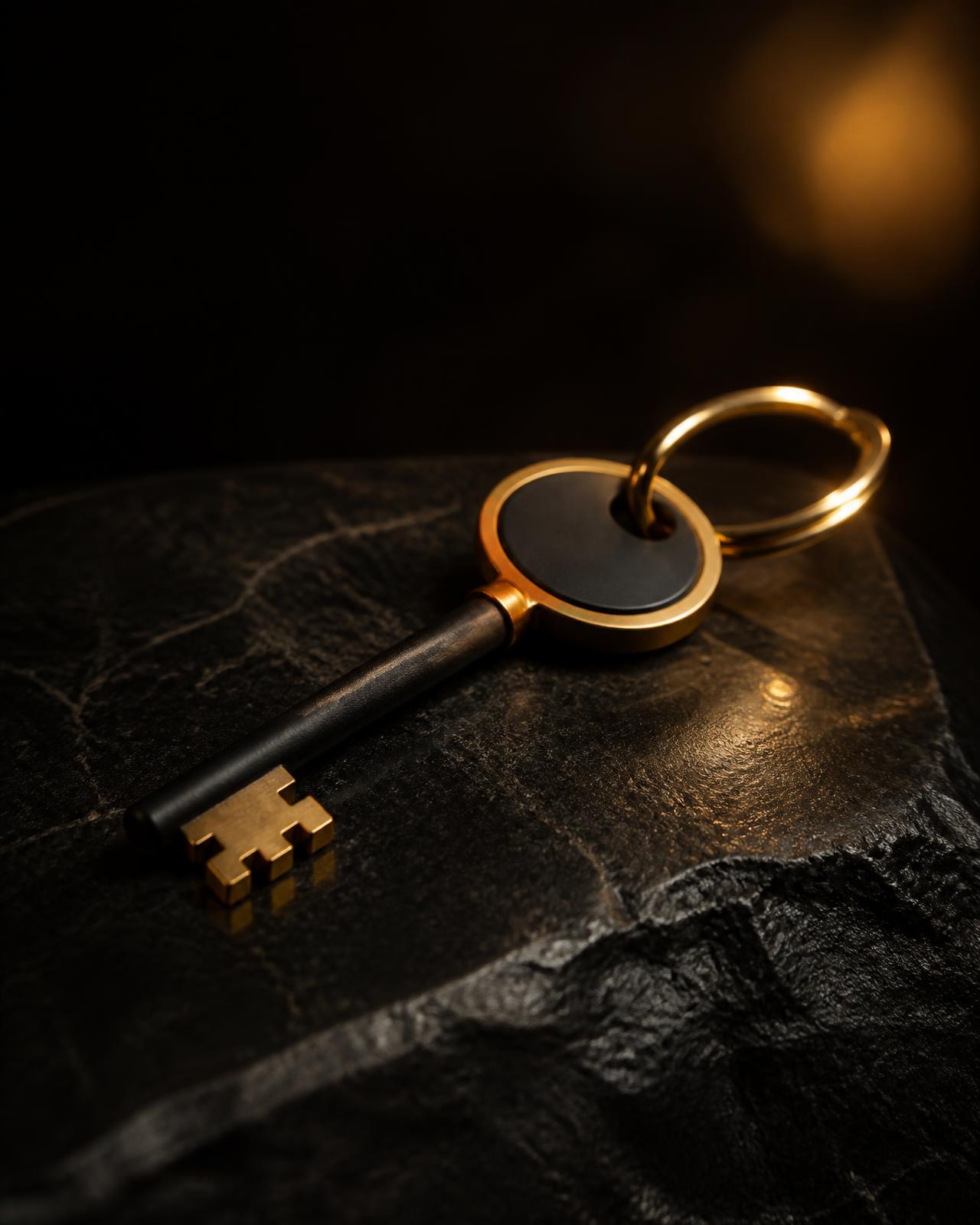 Llave elegante sobre una superficie oscura, símbolo de la custodia segura de la propiedad.