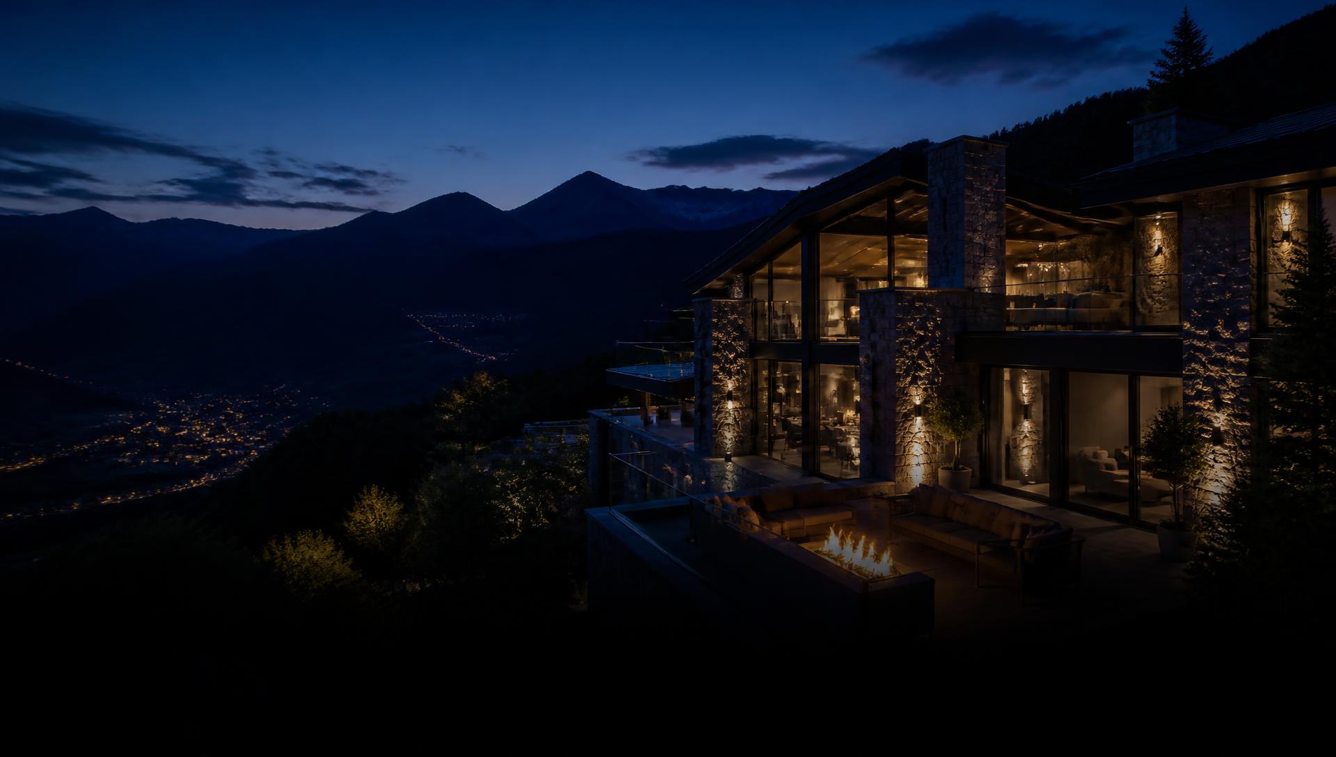 Private residence in the Pyrenees at blue hour